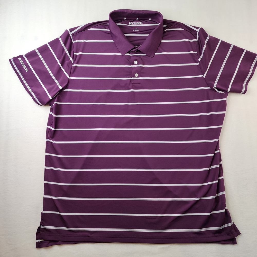 Bonobos Golf Polo Shirt Mens XXL Purple White Striped Slim Fit Short Sleeve